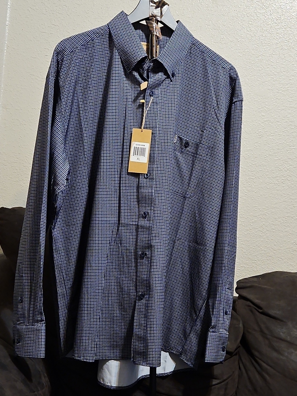 Men's Blue Micro-Check Dress Shirt with Spread Collar